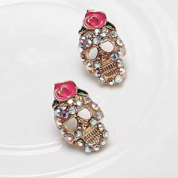 Pink Skull Skeleton Gold Crystal Earrings - Picture 10 of 13
